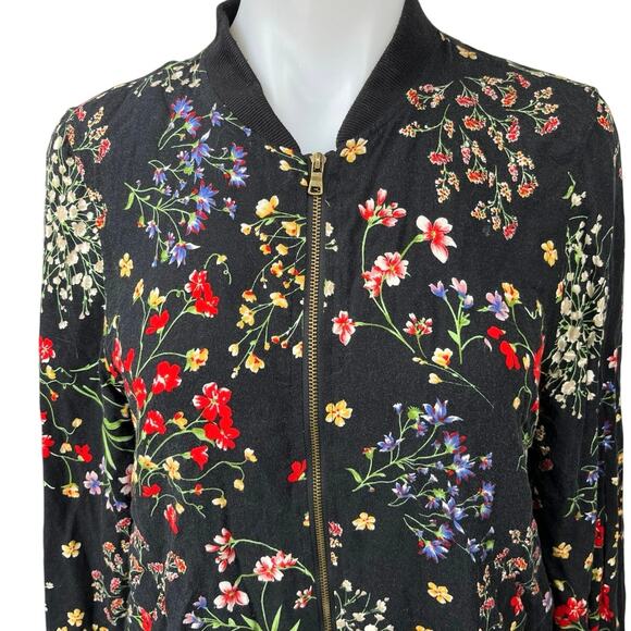 Cynthia Rowley Black Multicolor Floral Print Zip Up Bomber Coat Jacket Size S - Picture 3 of 5
